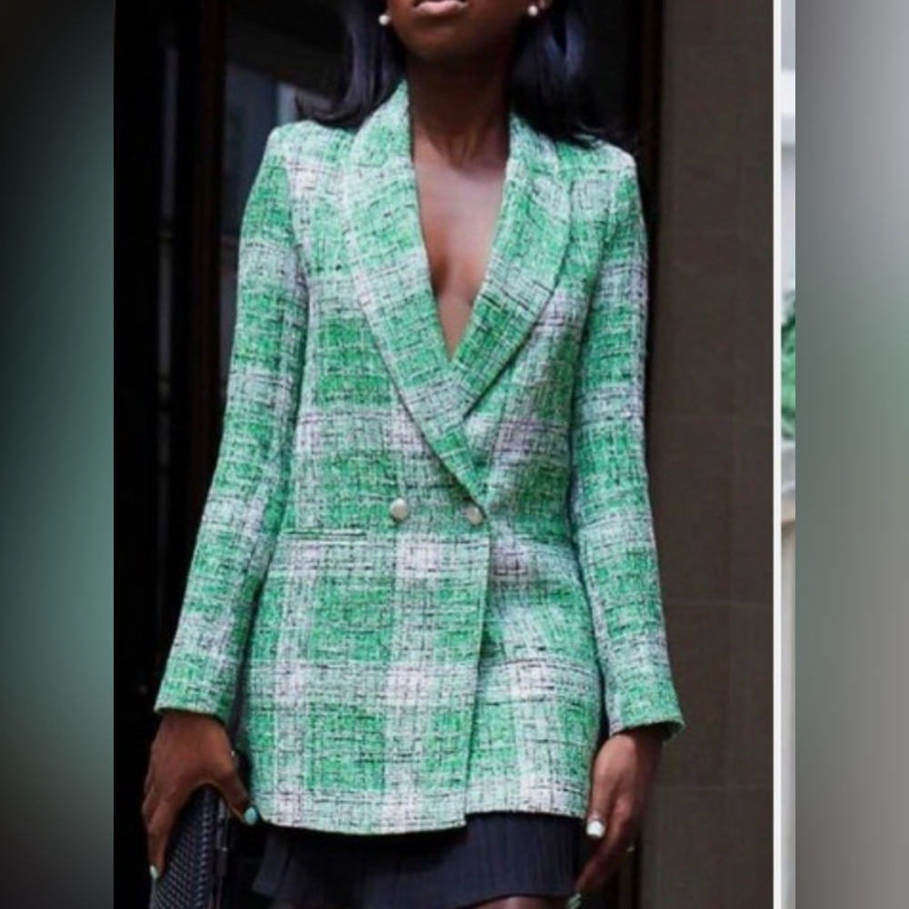 Zara Green Plaid Tweed Check Blazer Jacket Longline